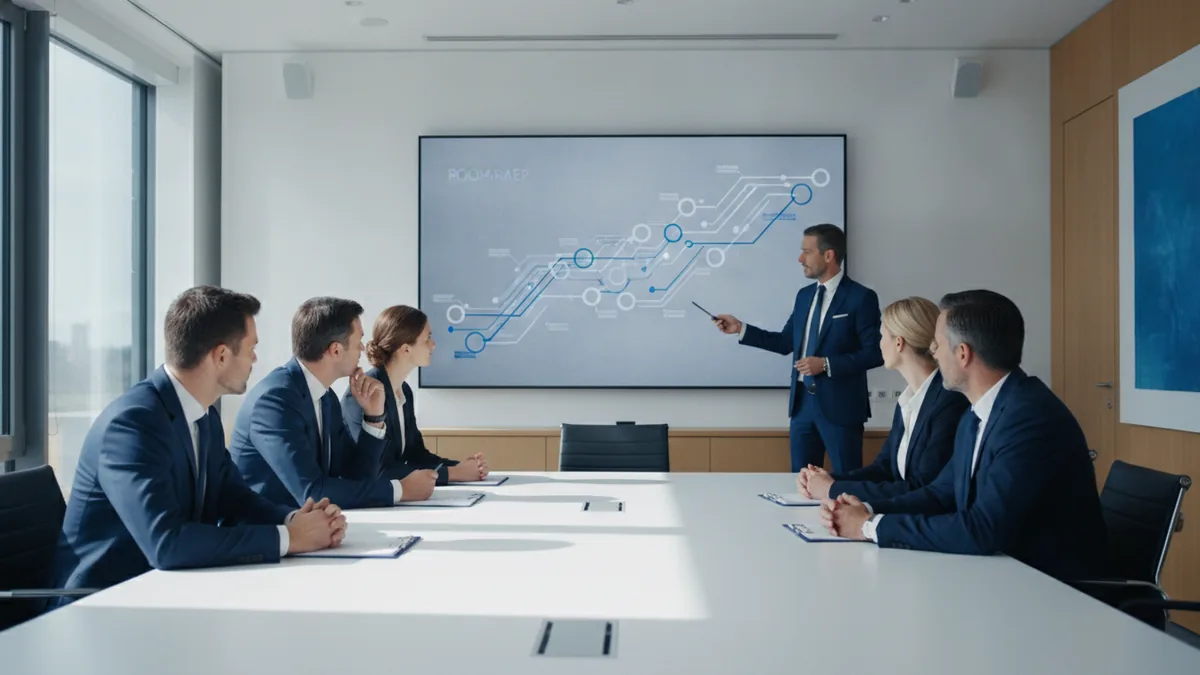 Decisions supported by consulting Consultant presenting a roadmap to executives during a client meeting.