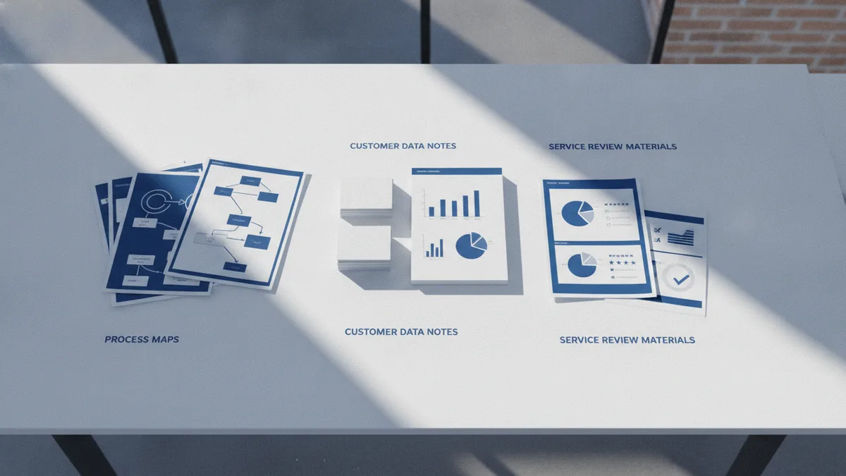 Business planning desk showing customer data notes, process maps, and service review materials