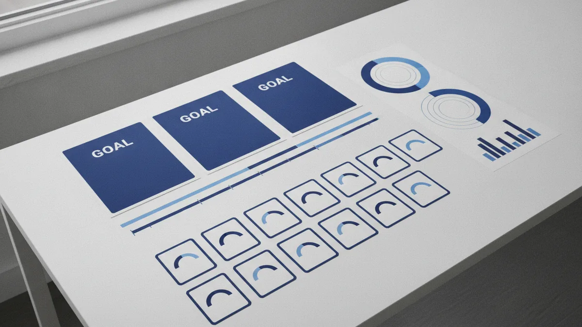 Consulting process plan Consulting project plan with goals, timelines, task cards, and progress charts on a desk