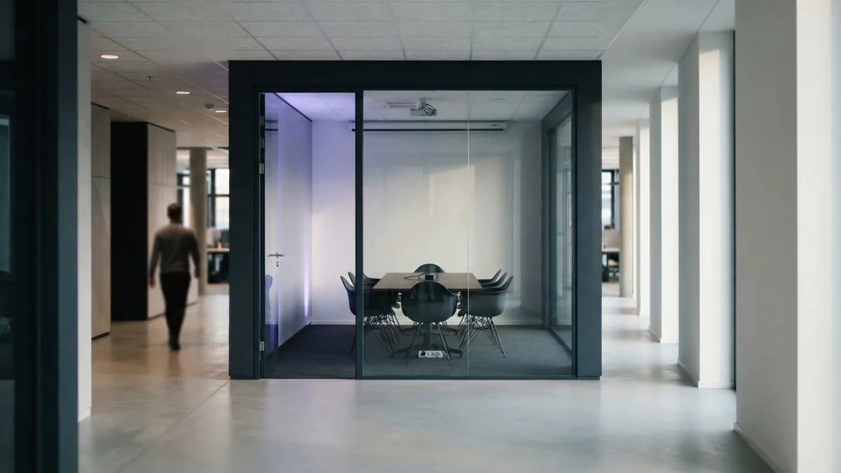 Modern glass office corridor leading toward a quiet business meeting room