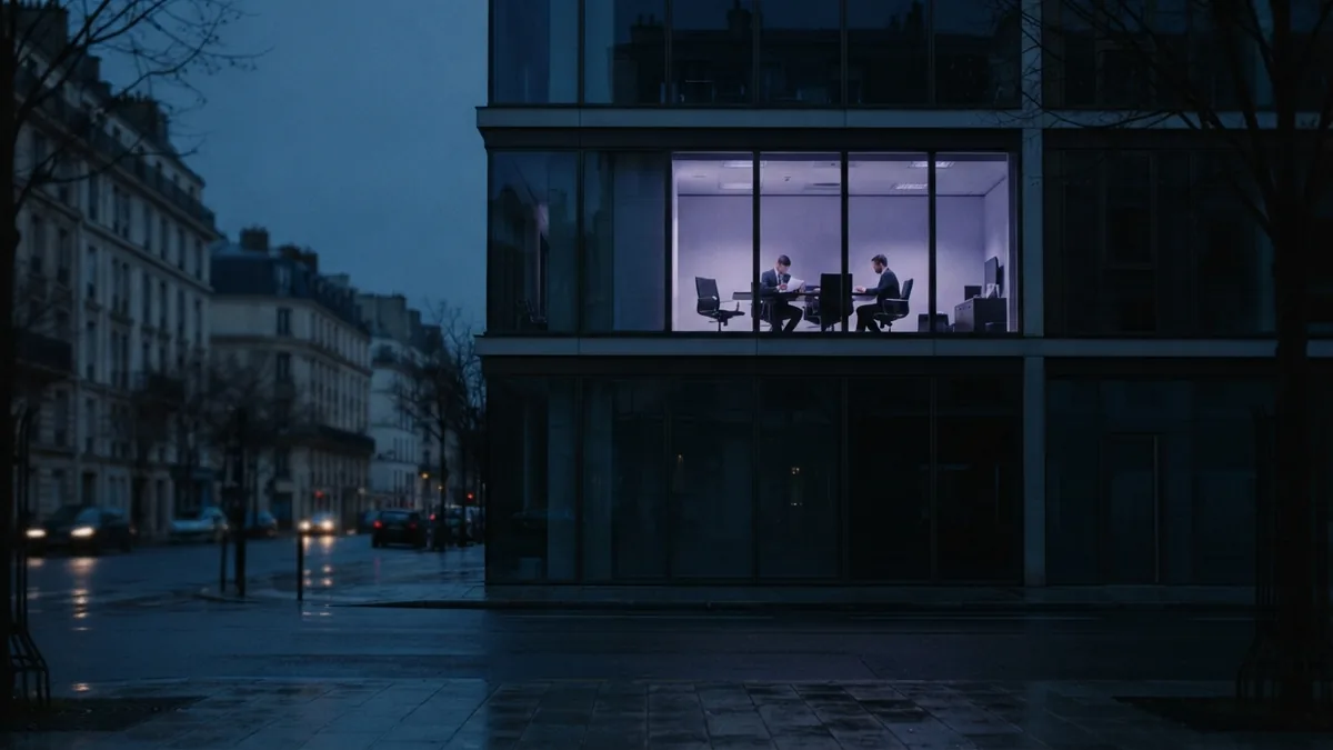 A calm view of business funding decisions European office facade at blue hour with a subtle indigo-violet glow