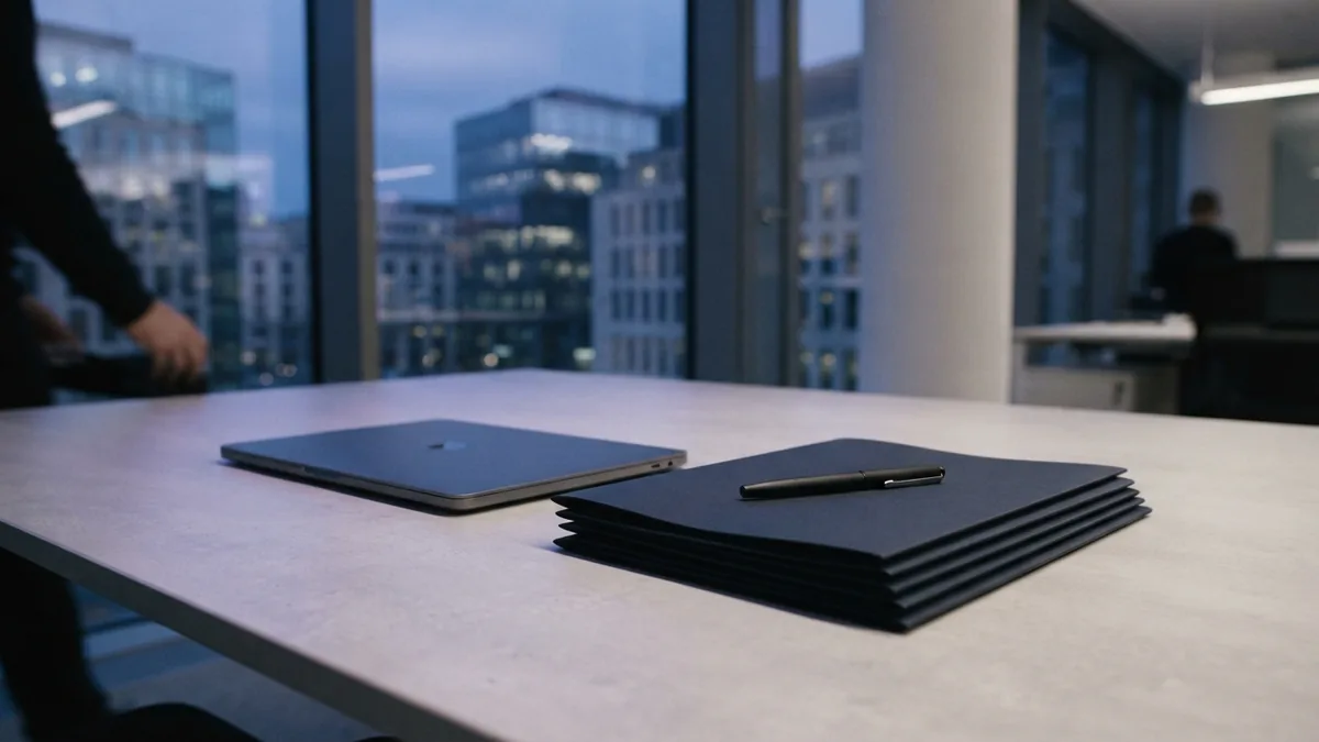 Organized office desk with folders and laptop for checking grant eligibility