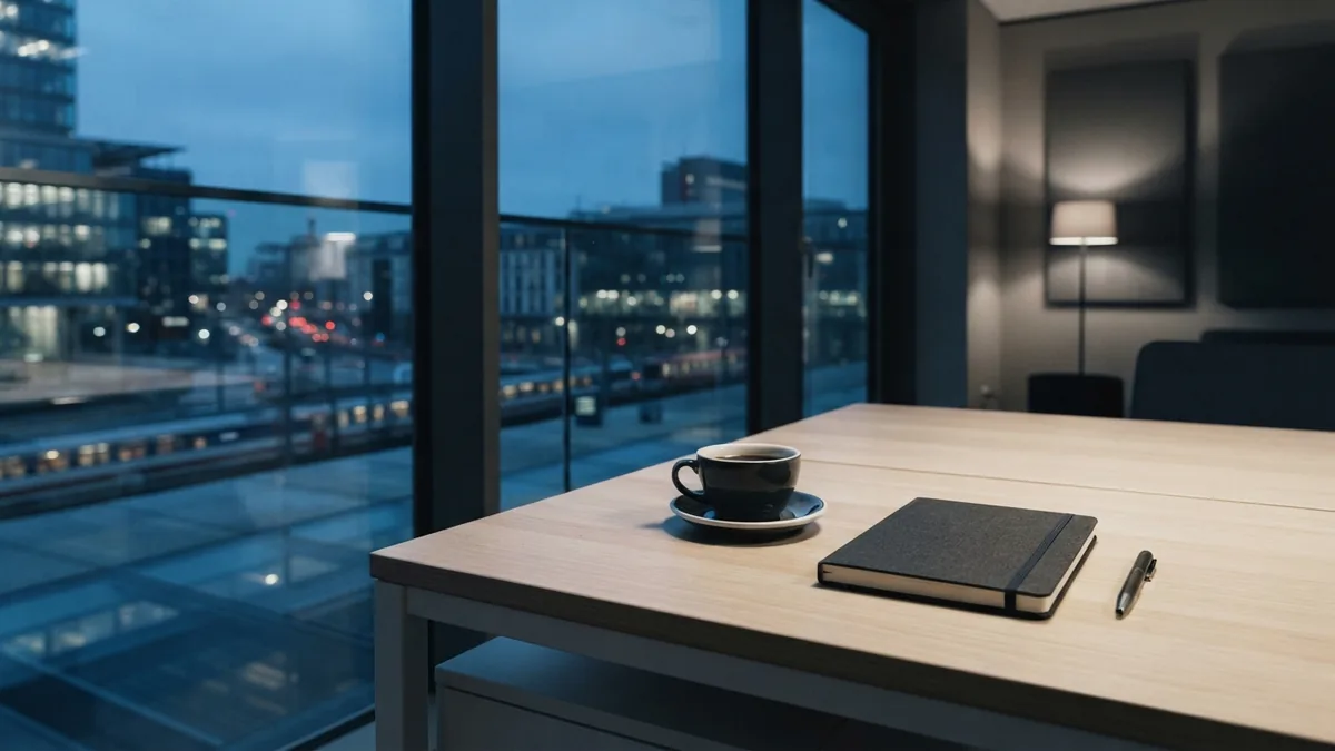 Modern office desk at blue hour for refining a business grant proposal