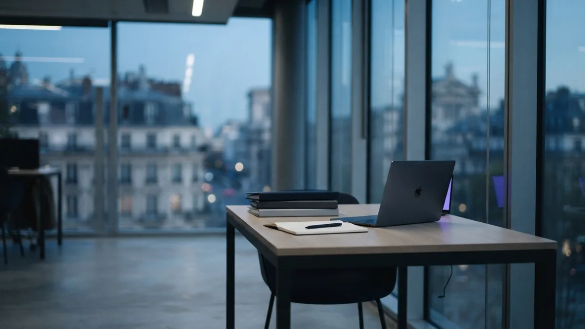 Empty European office desk with folders during a period of business change