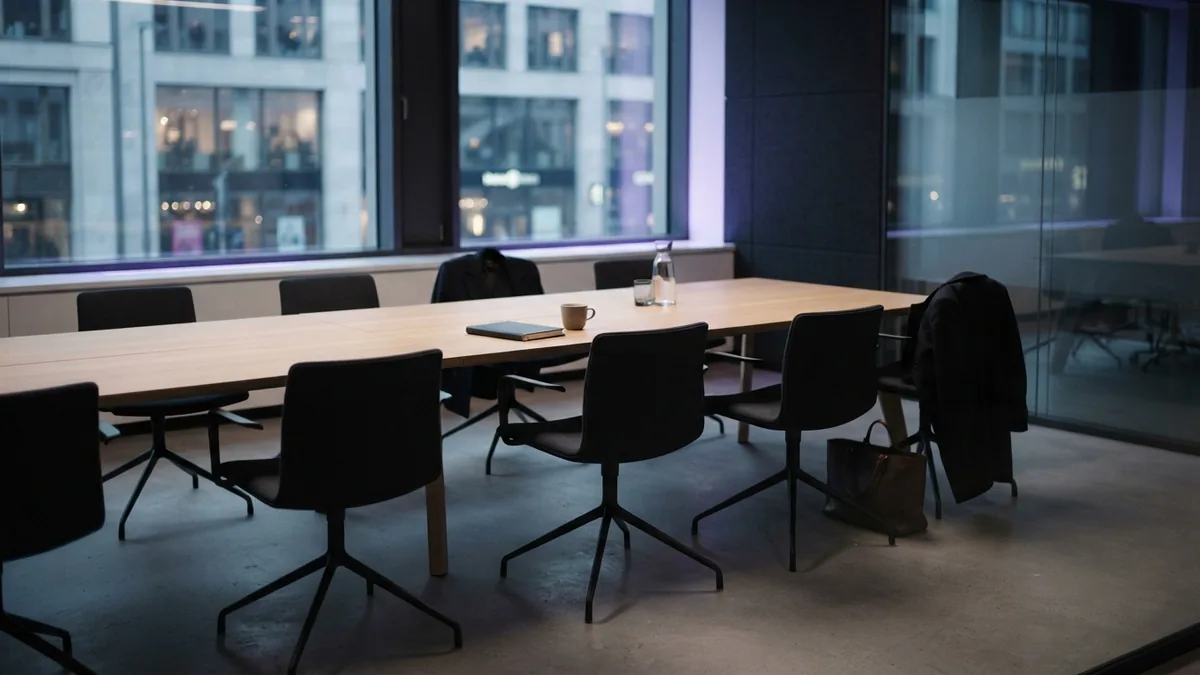 Meeting room during workplace change Empty meeting room with chairs and coats during a workplace change
