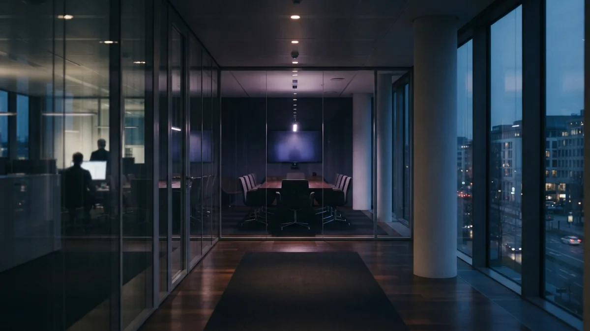 Office corridor leading to a boardroom Modern office corridor leading toward a quiet boardroom at blue hour