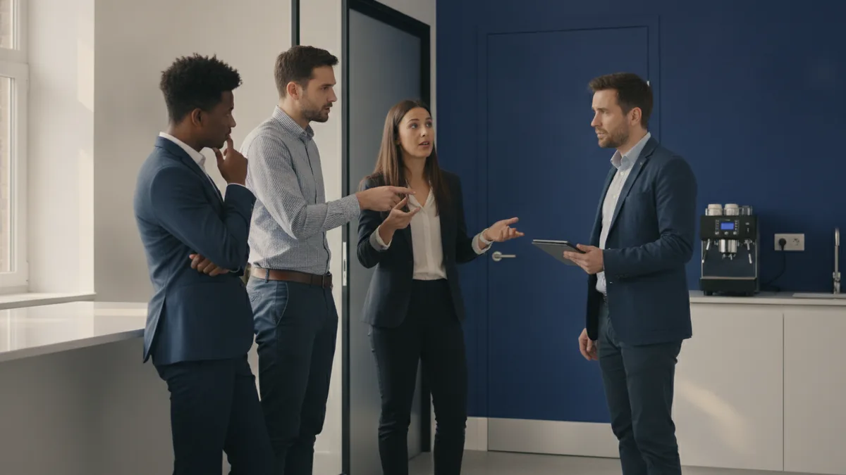 Employees and creditor impacts Team members discussing changes at work during bankruptcy proceedings