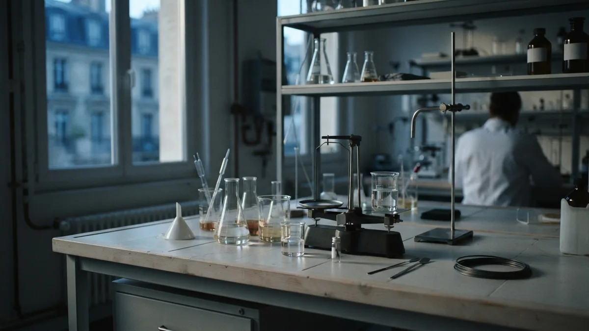 Chemistry measurement workspace Laboratory tools arranged for chemistry measurements and unit conversion work