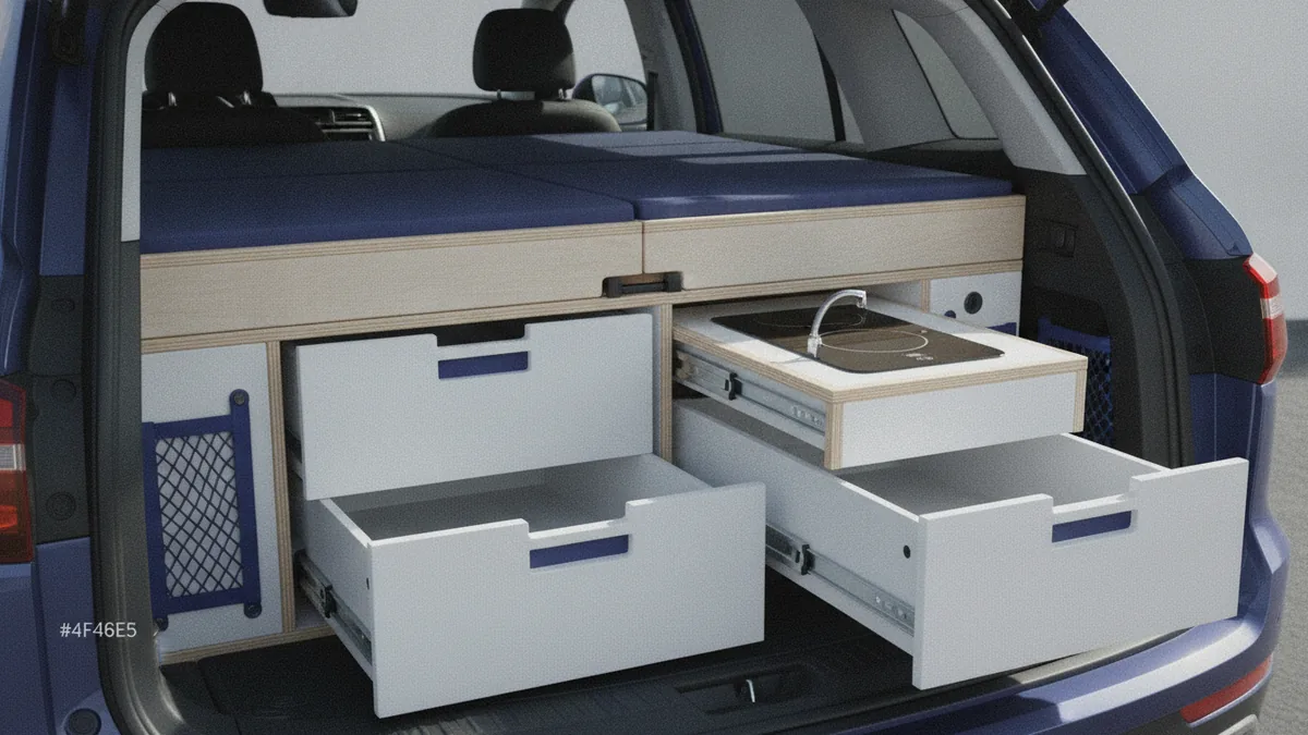 Modular SUV sleeping and kitchen setup Modular sleeping and kitchen setup arranged inside an SUV for travel