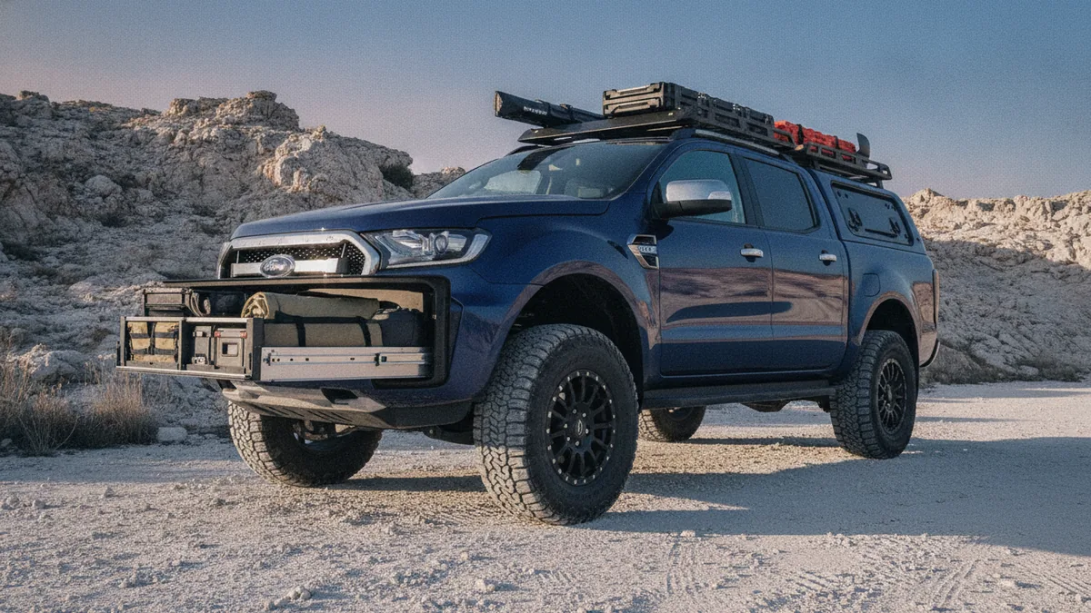 Truck equipped with off-road suspension and camping gear near rough terrain