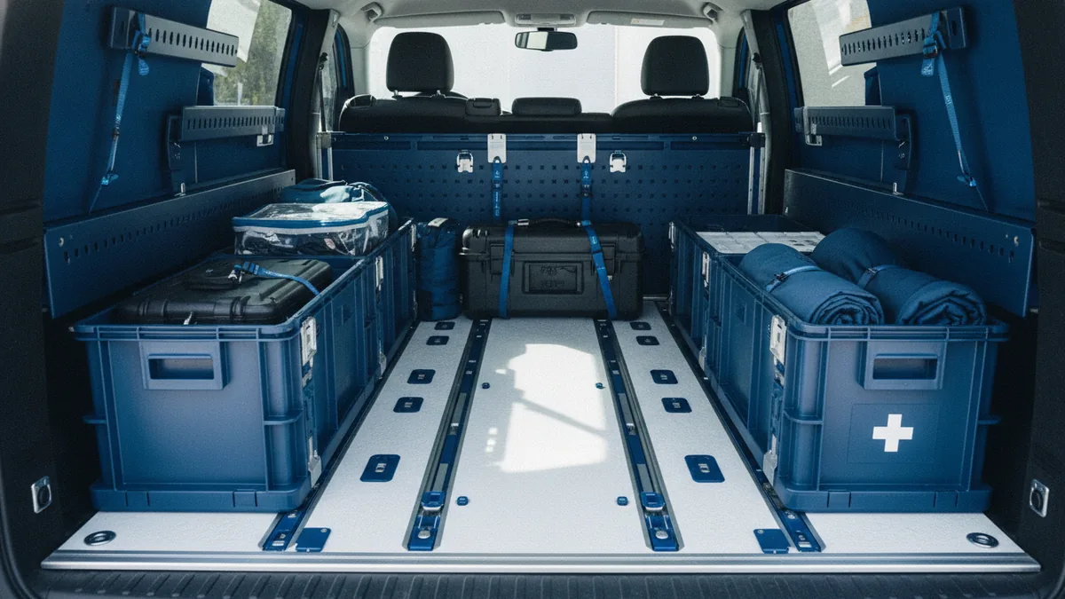 Secure removable vehicle conversion storage Person-free vehicle cargo area showing secure storage and removable fittings