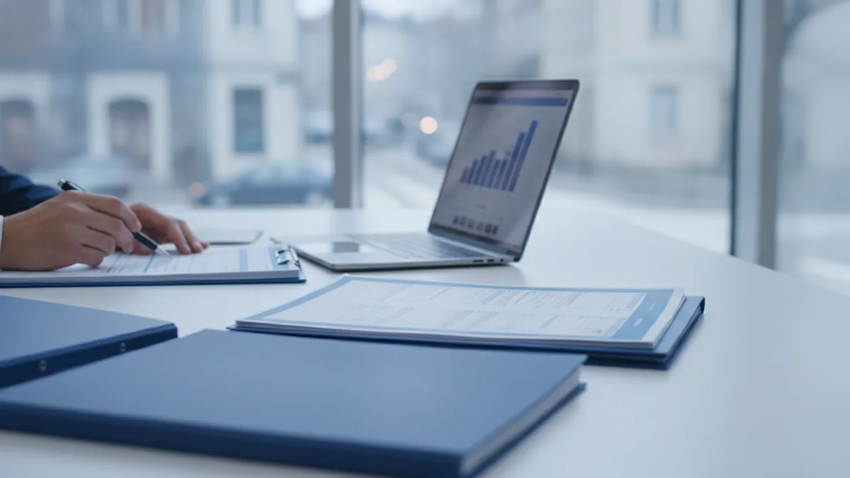 Worker reviewing operational records for payroll and back-office processing