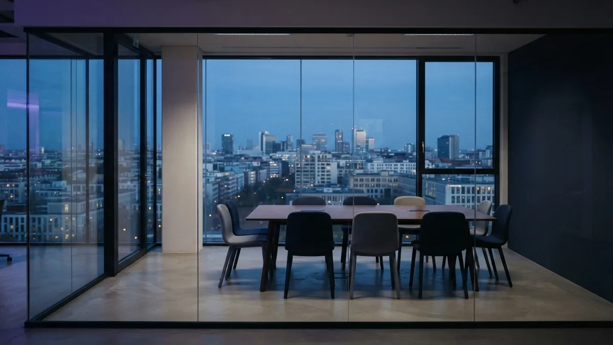 Minimal glass meeting room showing calm brand strategy and business trust