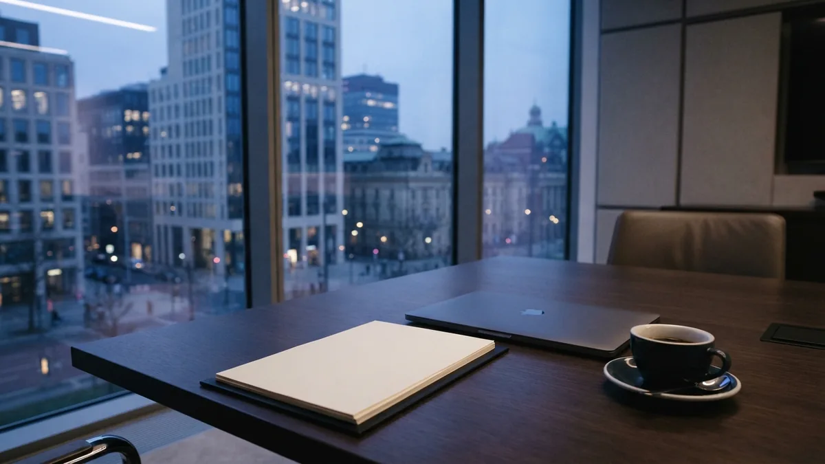 Minimal boardroom desk prepared for a focused branding strategy session