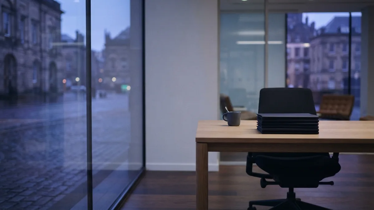 Empty European meeting room with a desk, chair, folders, and cool natural light
