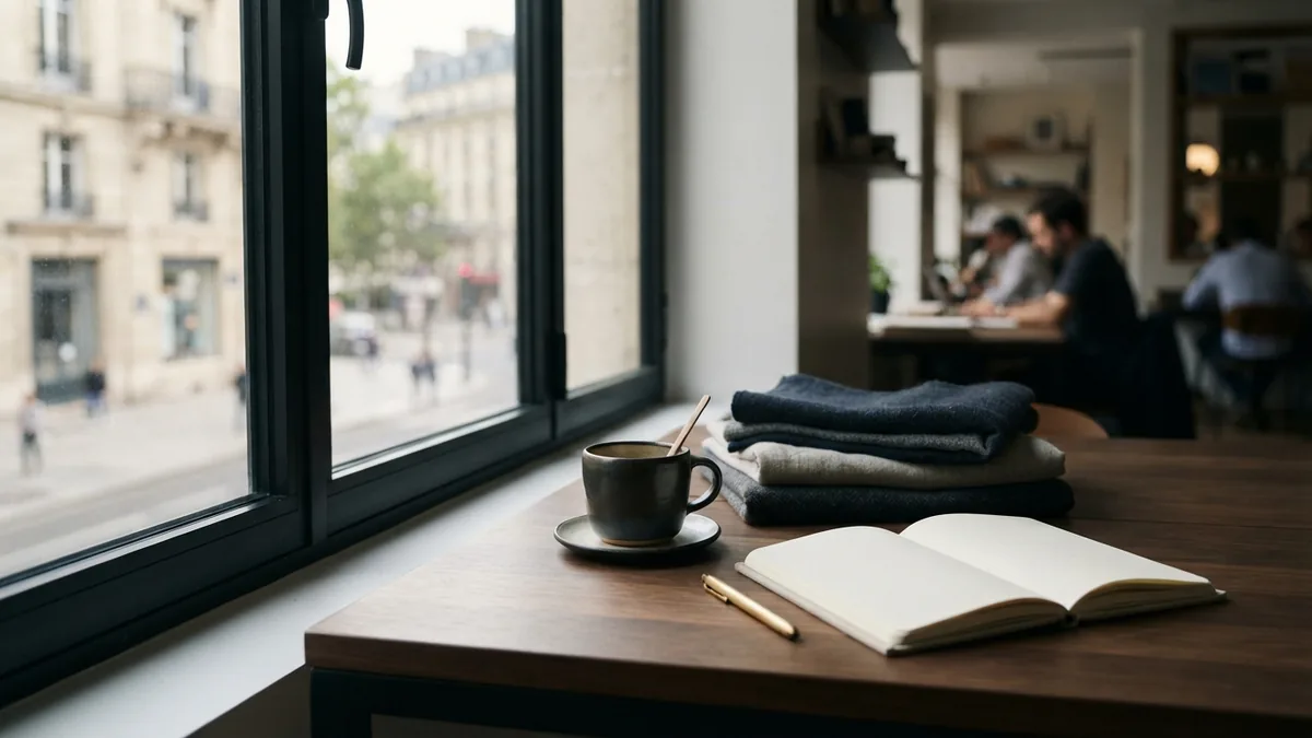 Quiet co-working desk beside a window with a cup and unmarked notebook