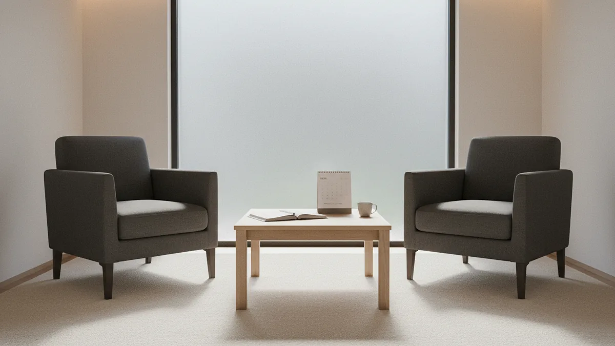 Neutral counseling space that represents structured sessions and pressure.