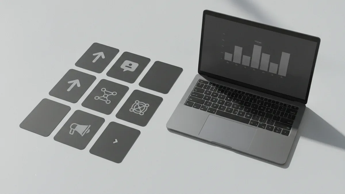 Core marketing components Organized marketing channel components laid out beside laptop metrics