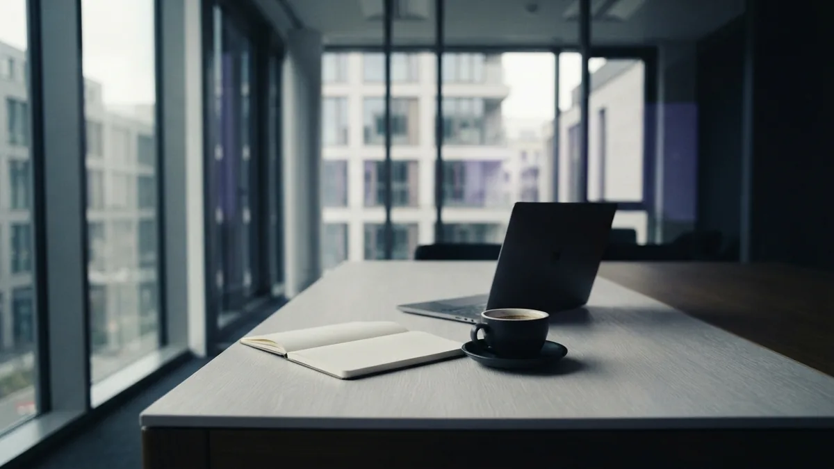 Quiet boardroom with blank notebook and tools for marketing planning