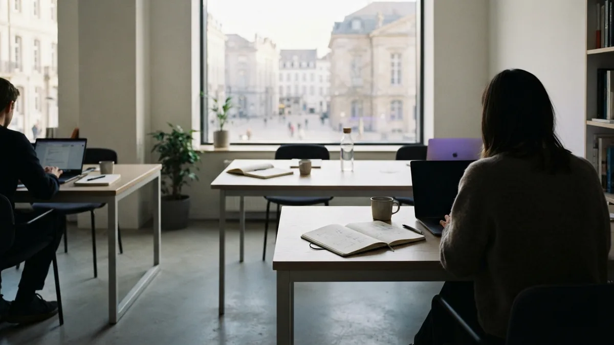 Shared workspace for outsourced business work Modern workspace with shared desks showing a calm business outsourcing setup
