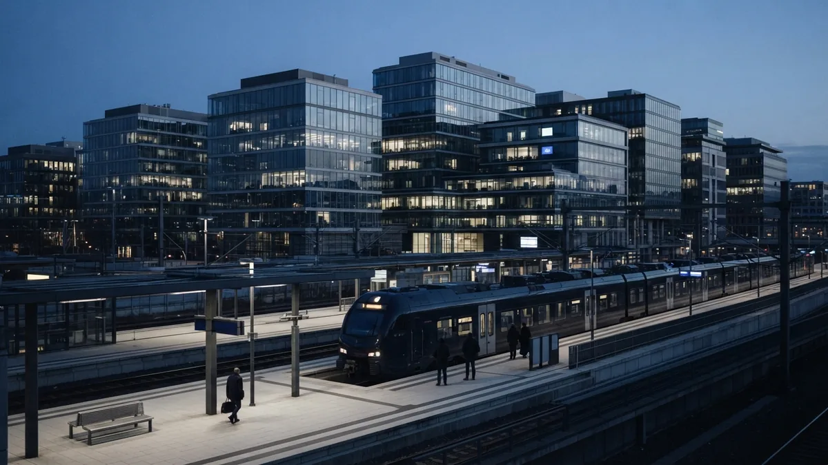 European business district at dusk showing global links between firms and markets