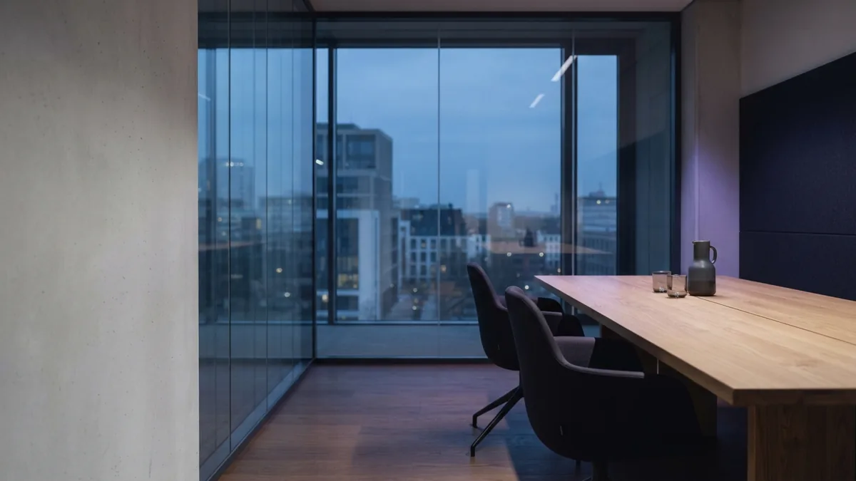 Calm meeting room built for business trust Minimal European meeting room with glass walls and cool daylight for business trust
