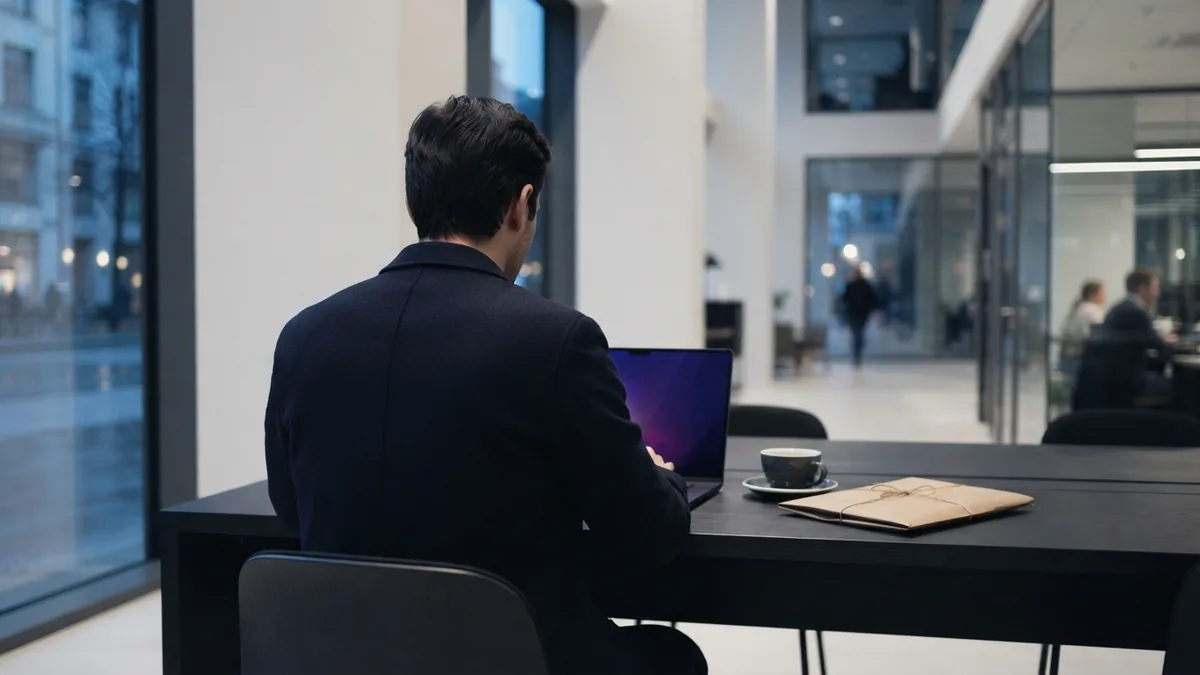 Anonymous customer workspace with coffee and parcel in a calm European co-working office