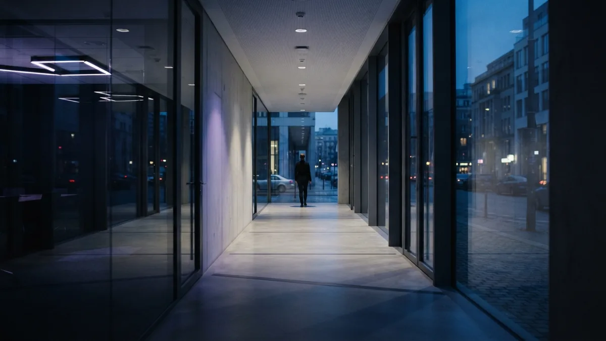 Office architecture showing a clear sense of direction Modern European office corridor opening toward a city facade at blue hour