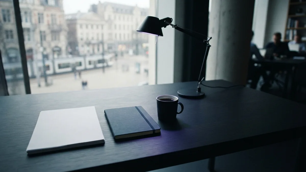 Tidy European strategy desk with notebook and coffee under soft natural window light
