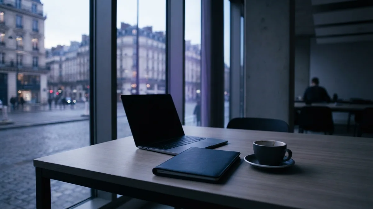 Minimal co-working desk showing the calm planning side of outsourcing