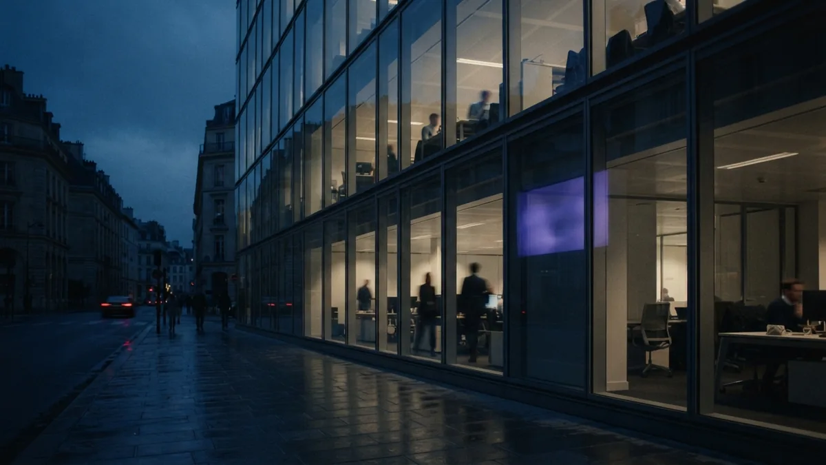 The measured future of global business work European glass office facade at blue hour suggesting the future of work