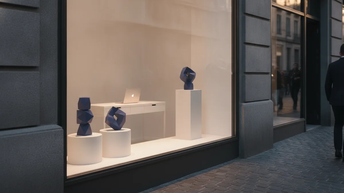 Small business storefront with laptop setup, showing local growth efforts