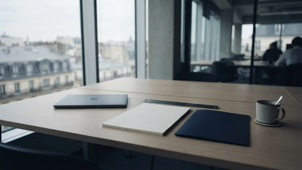 Organised co-working desk with planning materials in a cool modern office