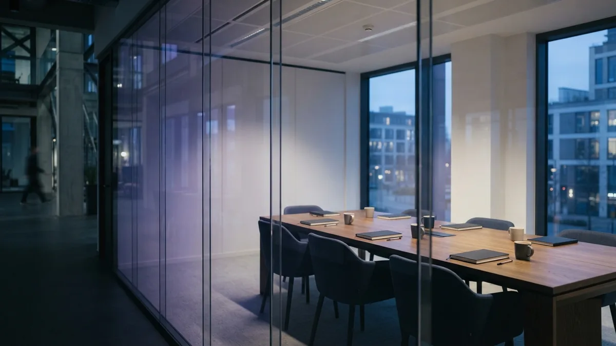 A quiet room for planning the next steps Empty glass meeting room prepared for a focused business planning session