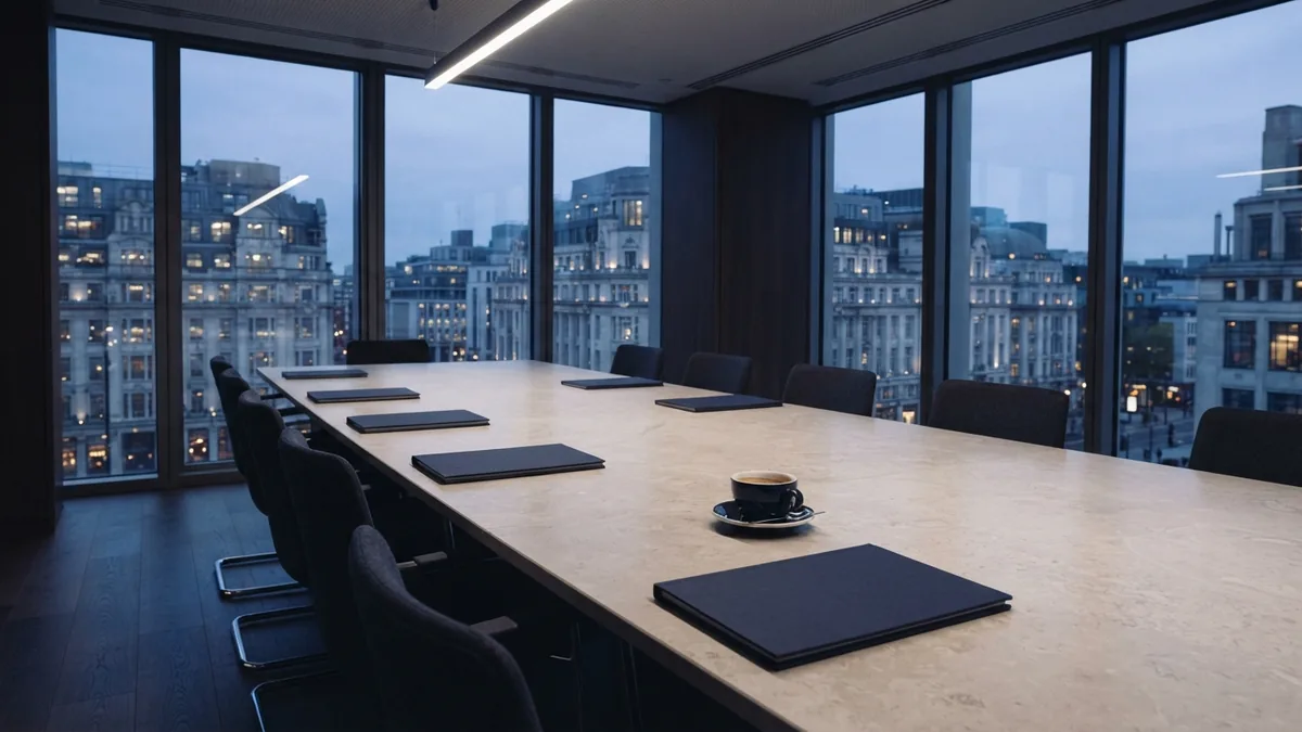 A restrained boardroom for financial planning Quiet boardroom with folders and coffee for business finance planning