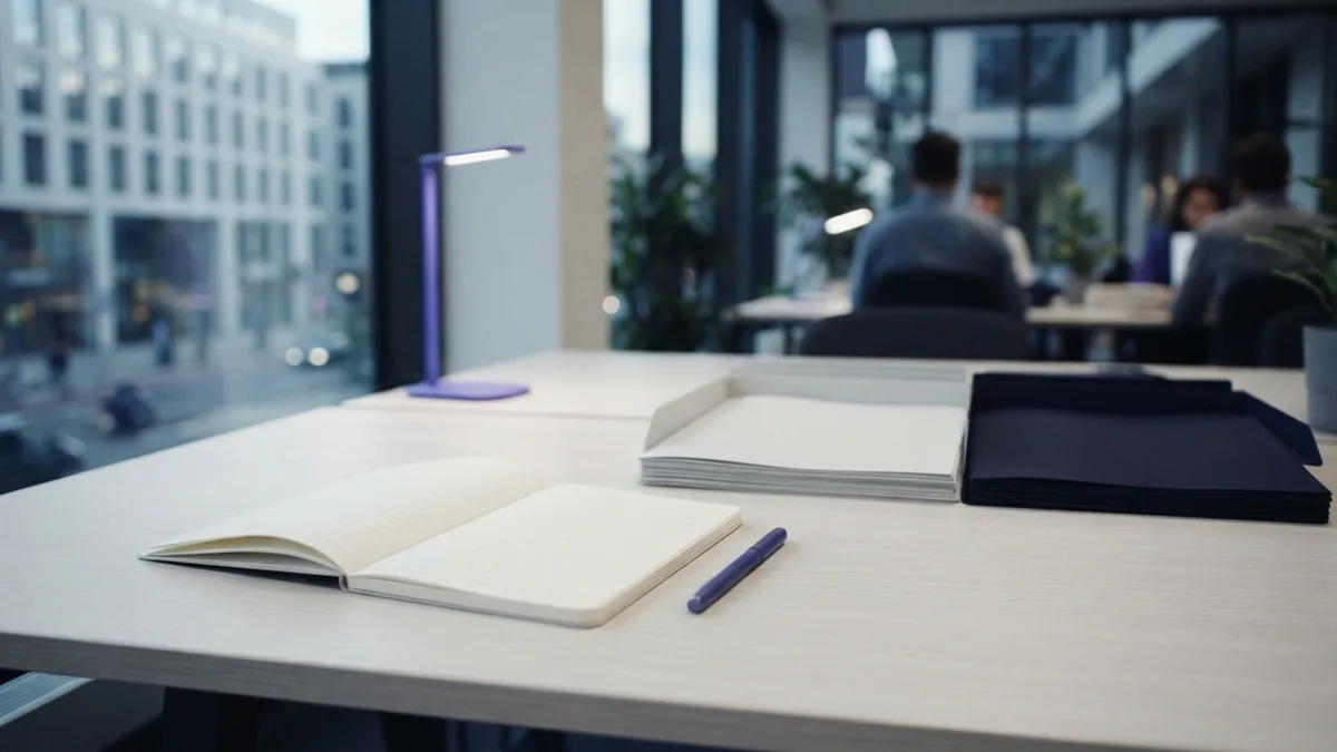 Organized office desk with blank notebook and folders for drafting a business plan